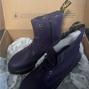 Dr. Martens Deep Purple Boots with Yellow Stitching